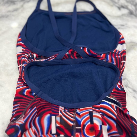 SPEEDO ENDURANCE Cubicle Plus Flyback USA Swimsuit Polyester Navy Red White S - Picture 6 of 8